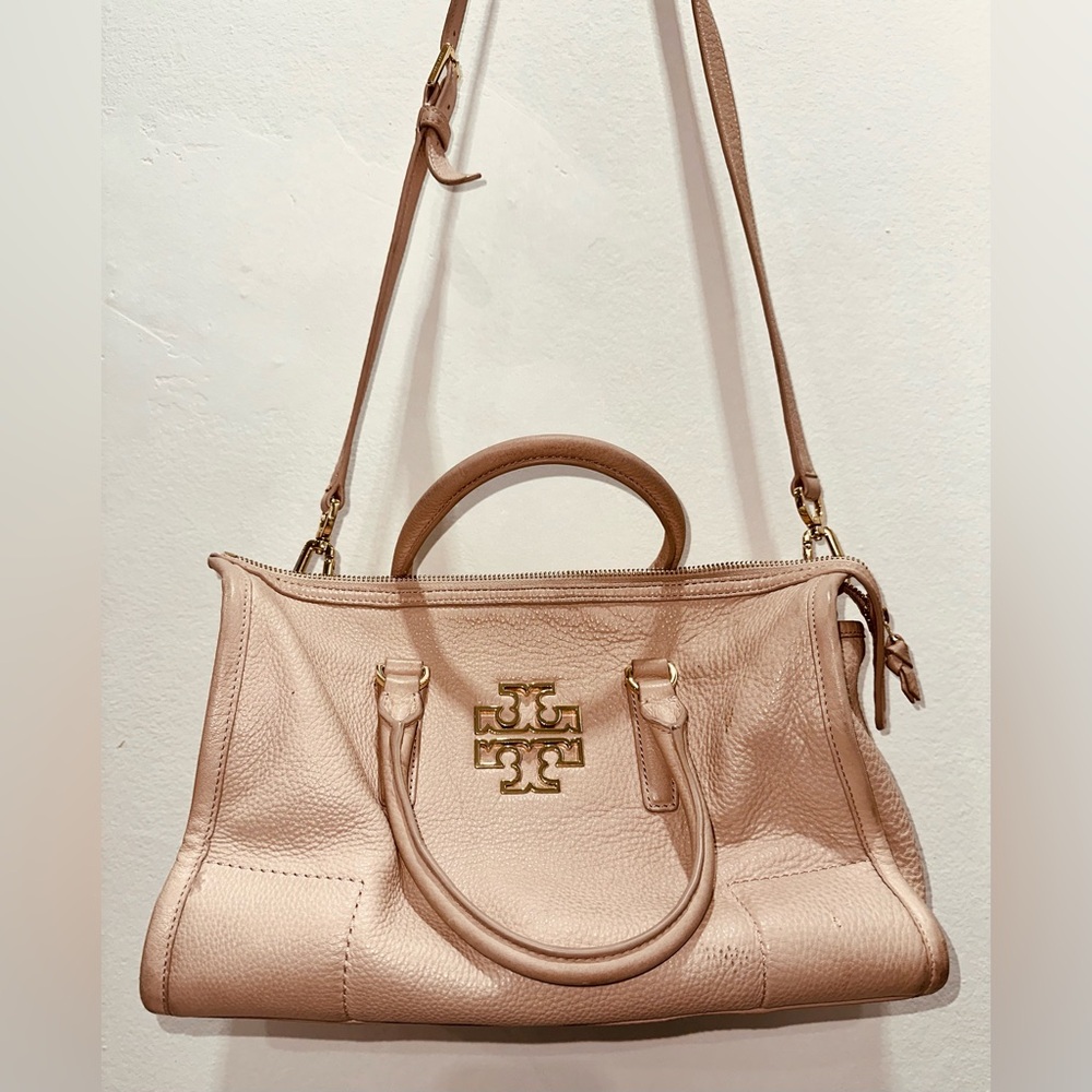 Tory Burch Pink Pebbled Leather Satchel with Gold Logo